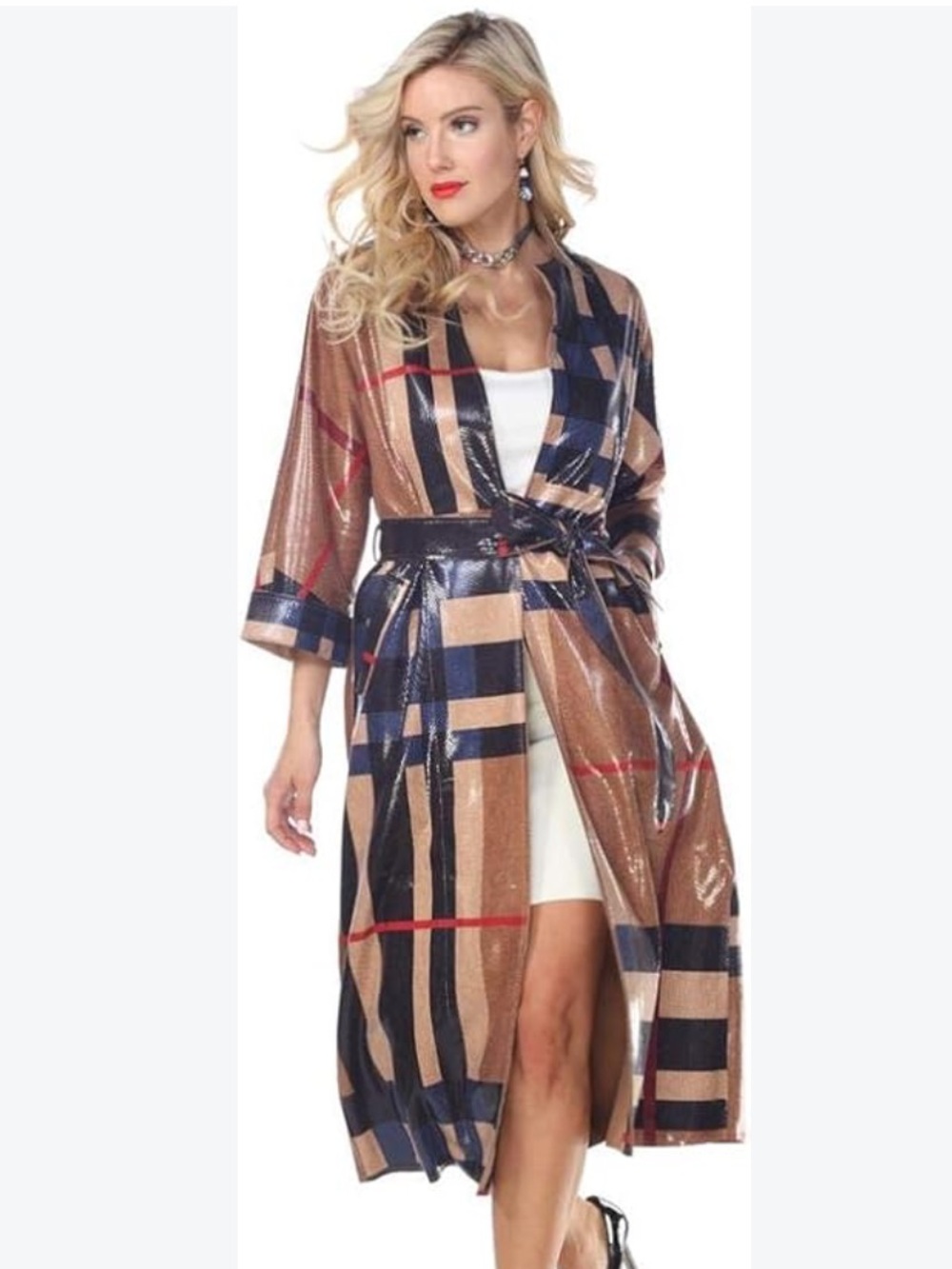 Urban Gridboard Coat. Classic Check Plaid Long Duster coat - Tan & Navy. M